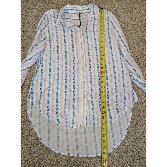 Jane and Delancey Bird Print Stripe Top Women’s Small White Blue Roll Tab Sleeve - Picture 5 of 10